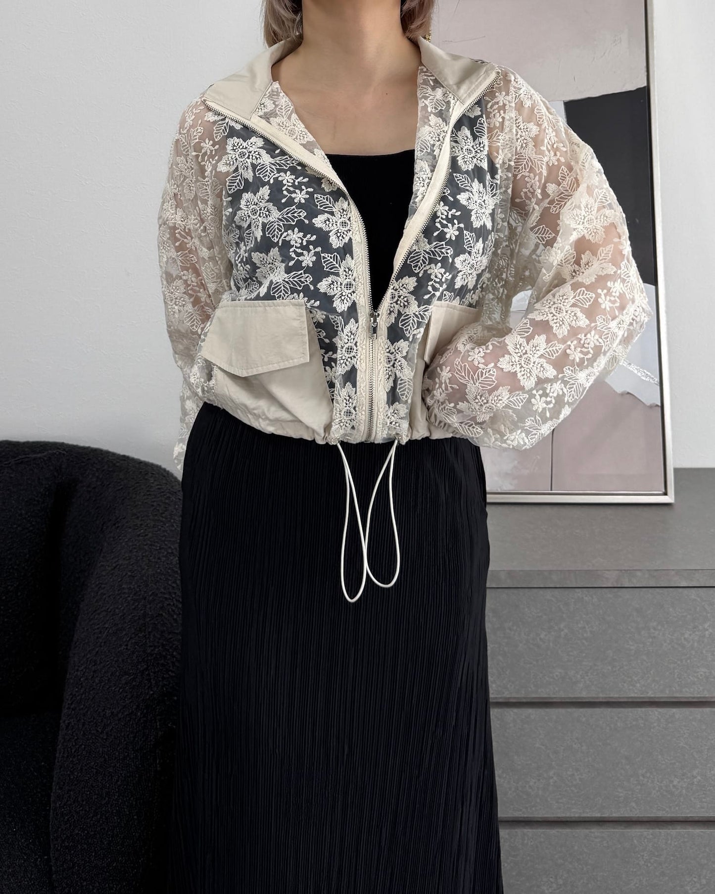 レースフラワー刺繍クロップドシアーブルゾン
