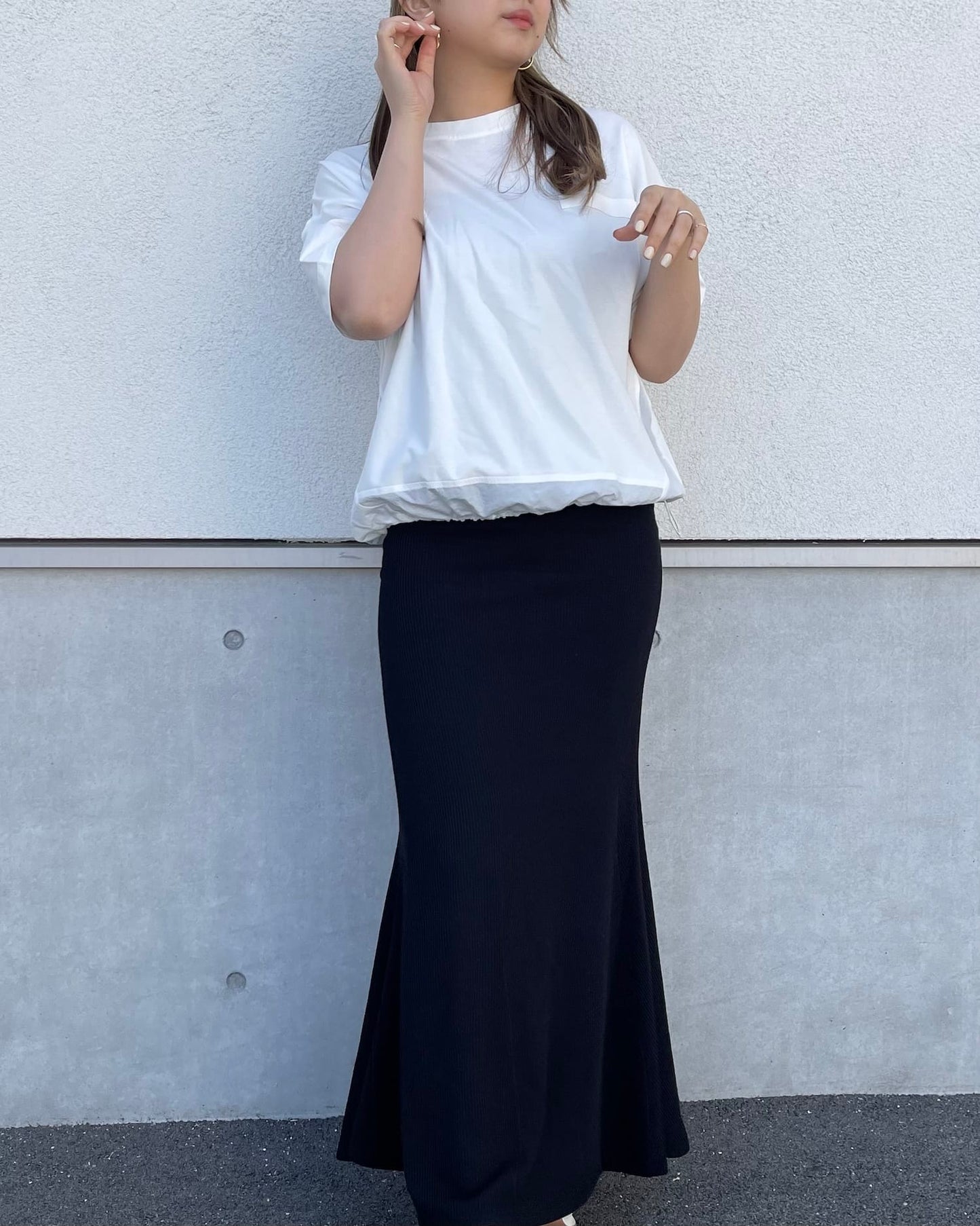 裾ドロストデザインTシャツ