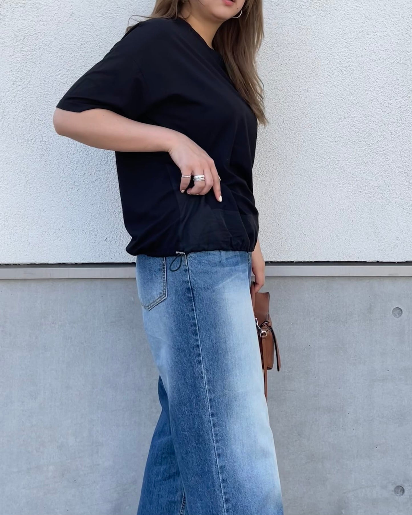 裾ドロストデザインTシャツ