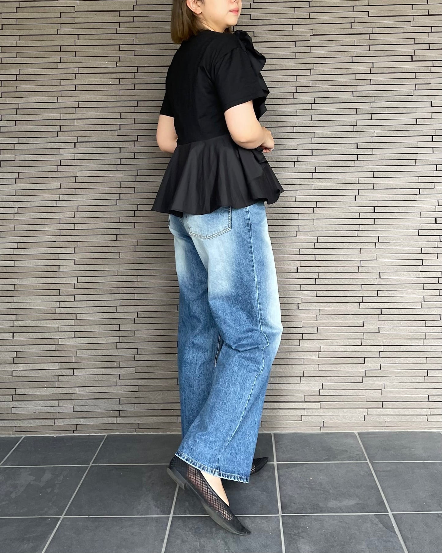 異素材切り替えフリルTシャツ