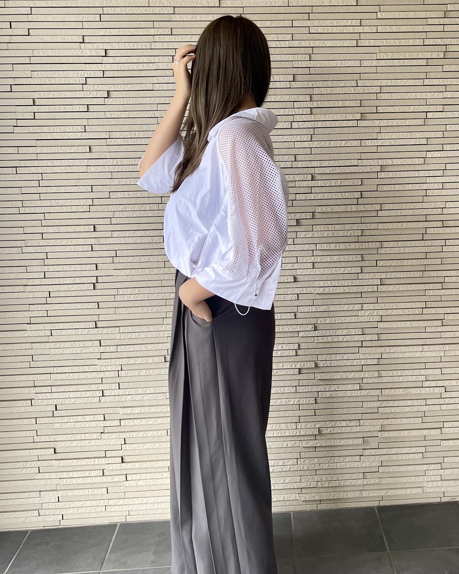 ドロストバックショルダーメッシュシャツ