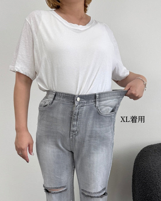 くすみカラーダメージフレアワイドデニム