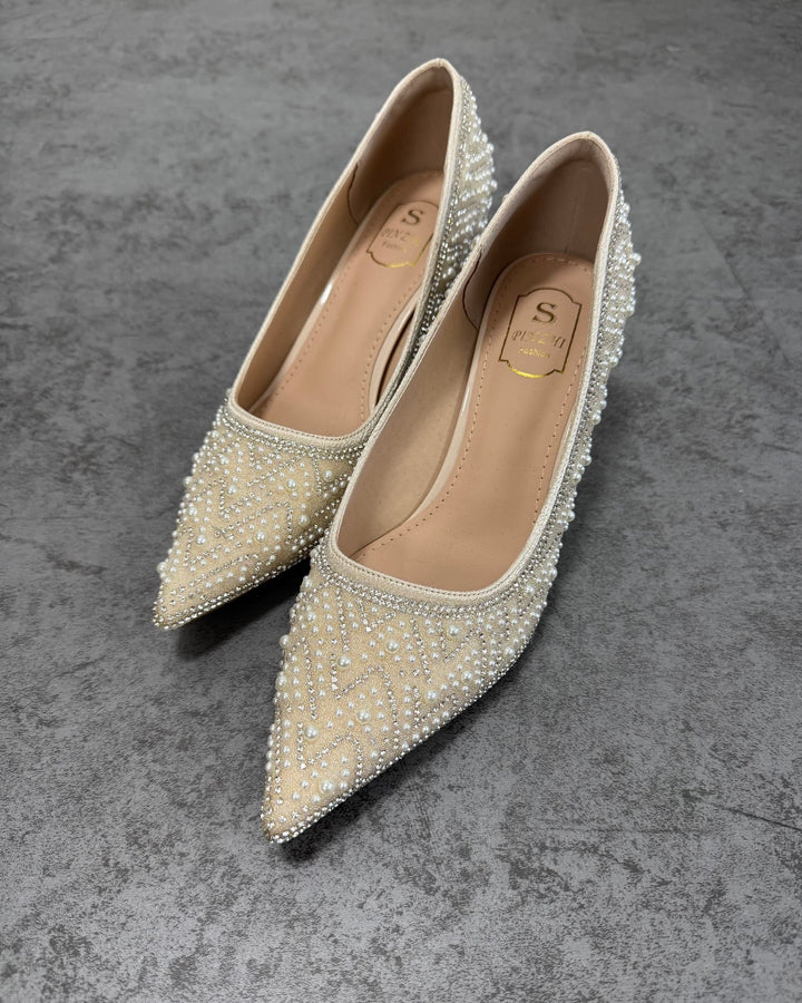 パール×ストーンポインテッドトゥパンプス