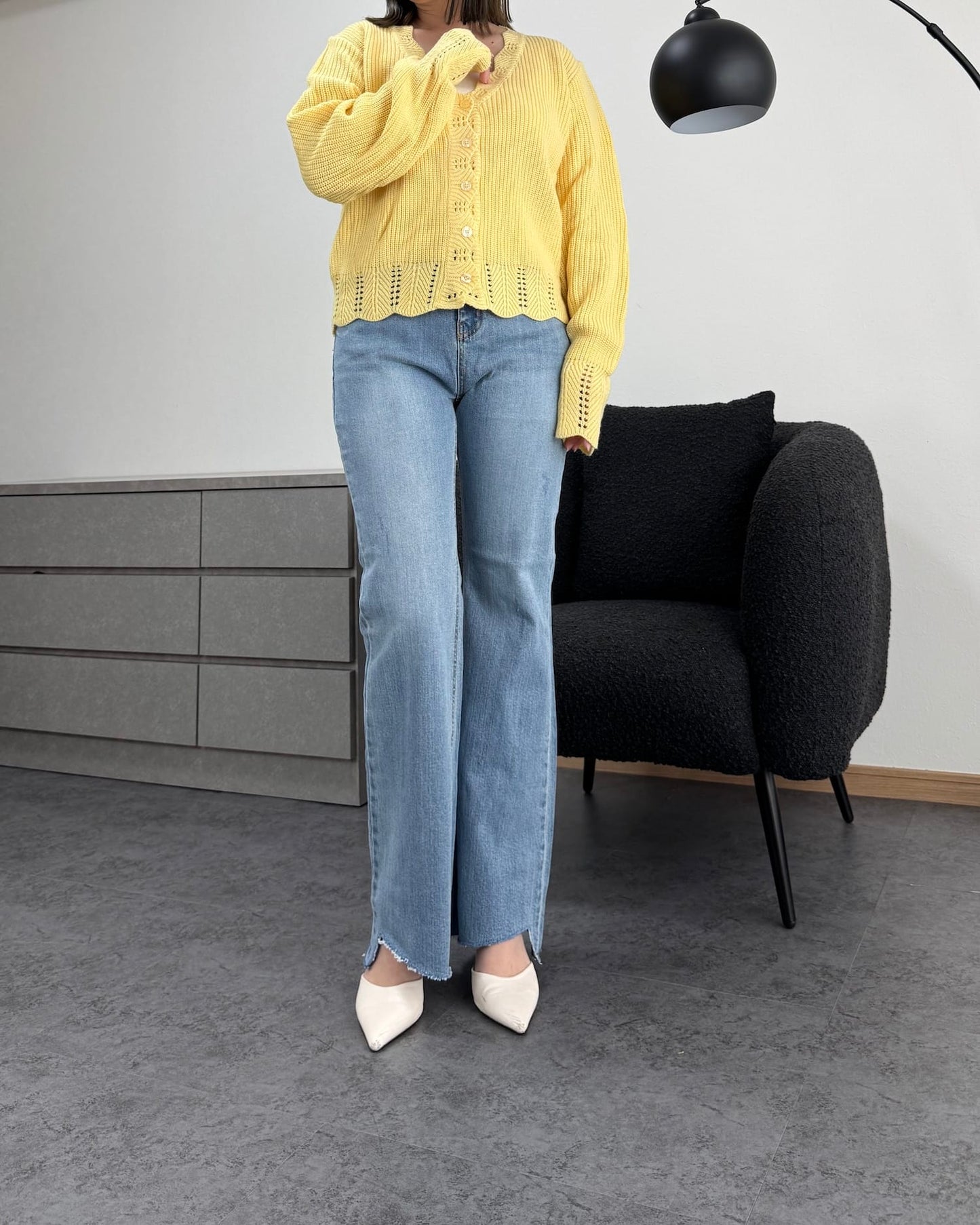 【美シルエット】デザインカットオフストレッチフレアデニム