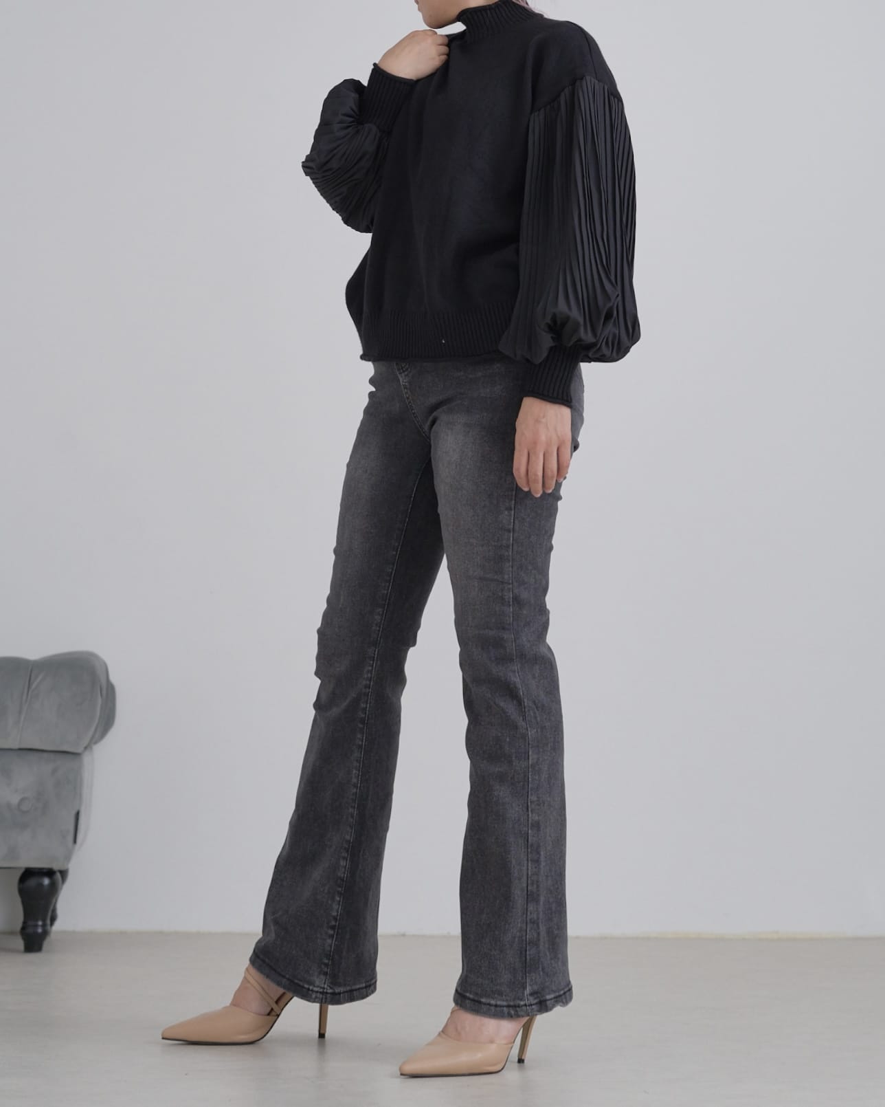 袖プリーツタートルニット