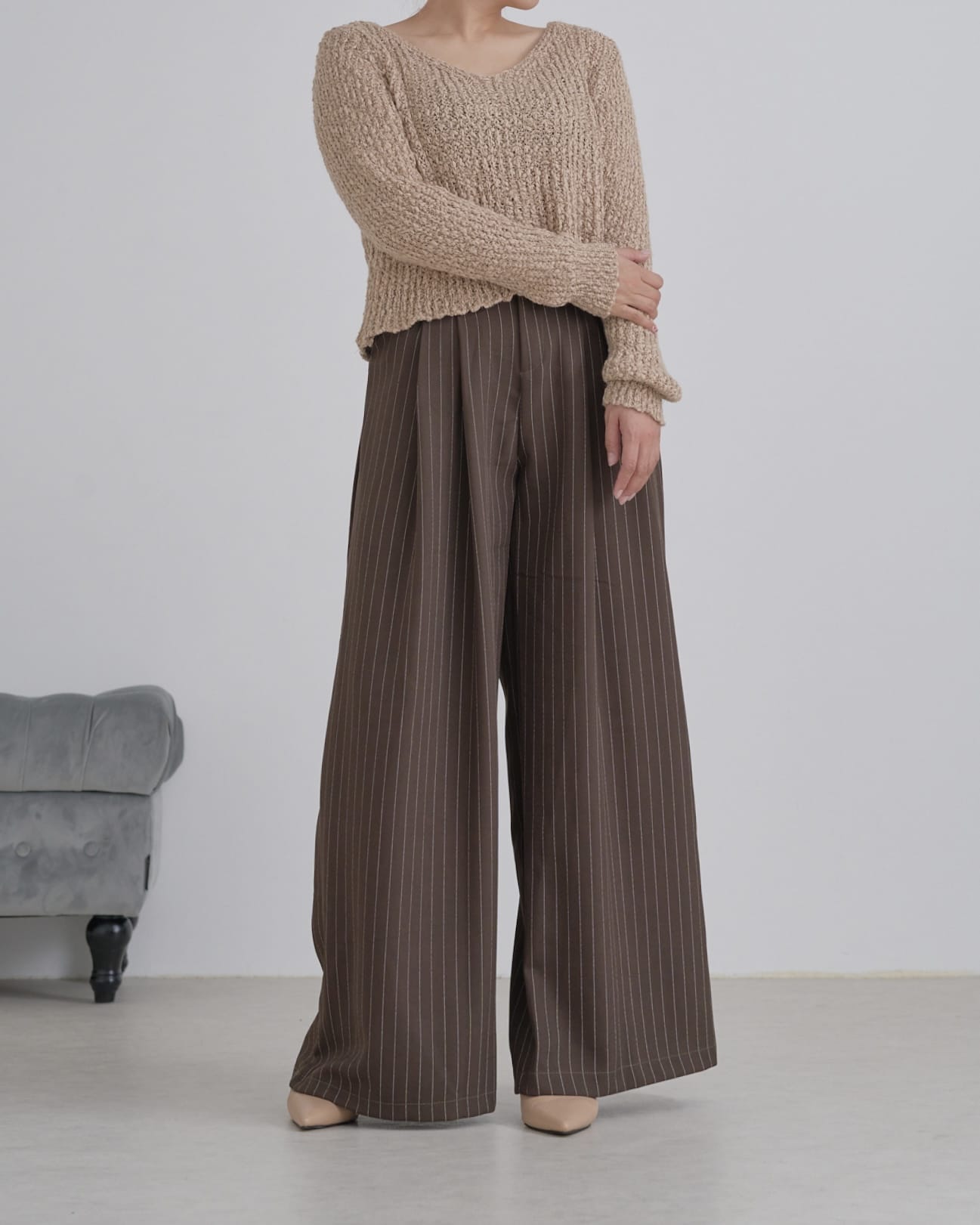 ピンストライプタックワイドパンツ