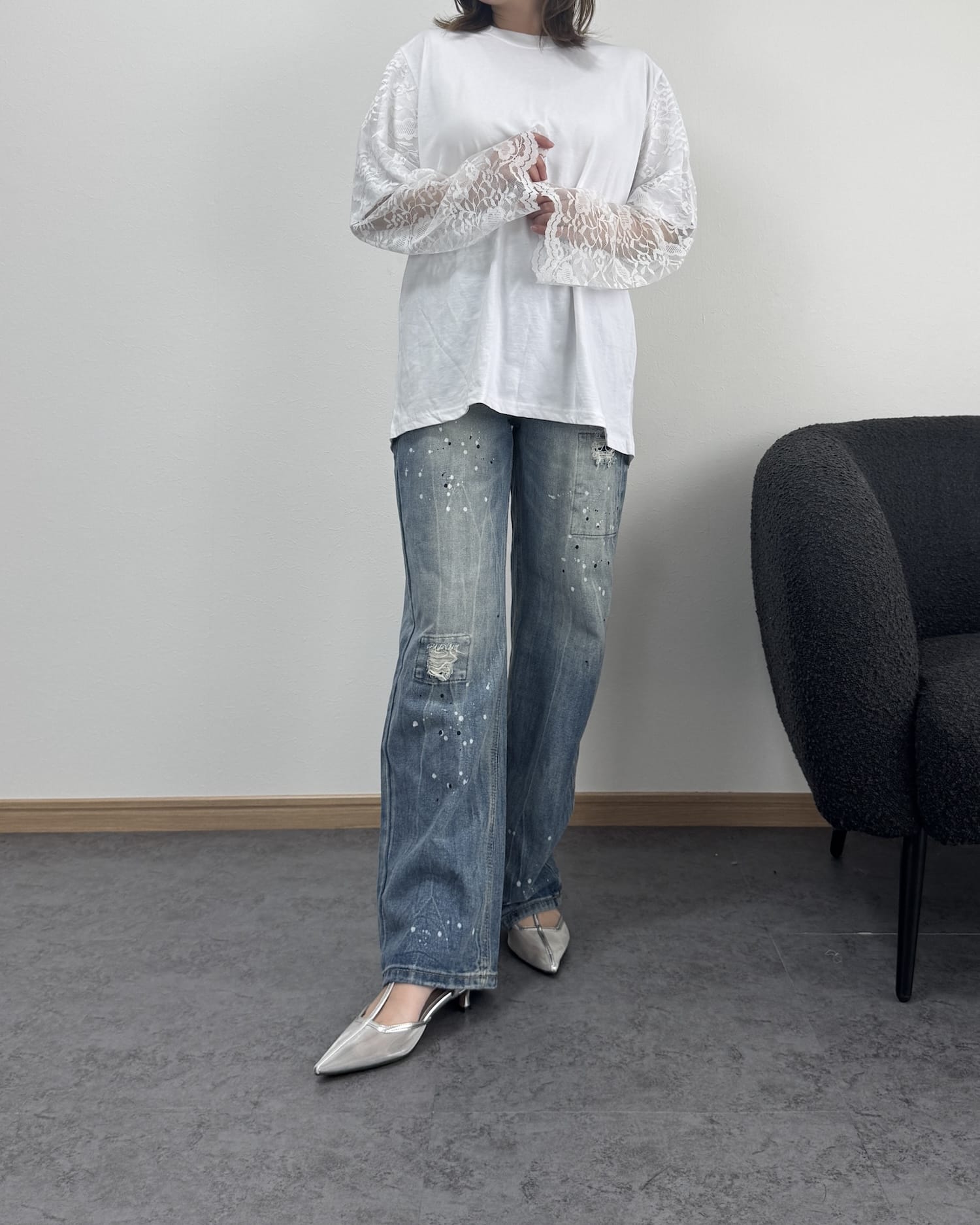袖レースドッキングロングTシャツ