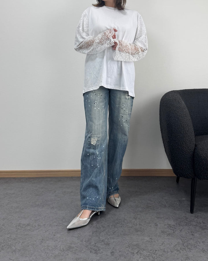 袖レースドッキングロングTシャツ