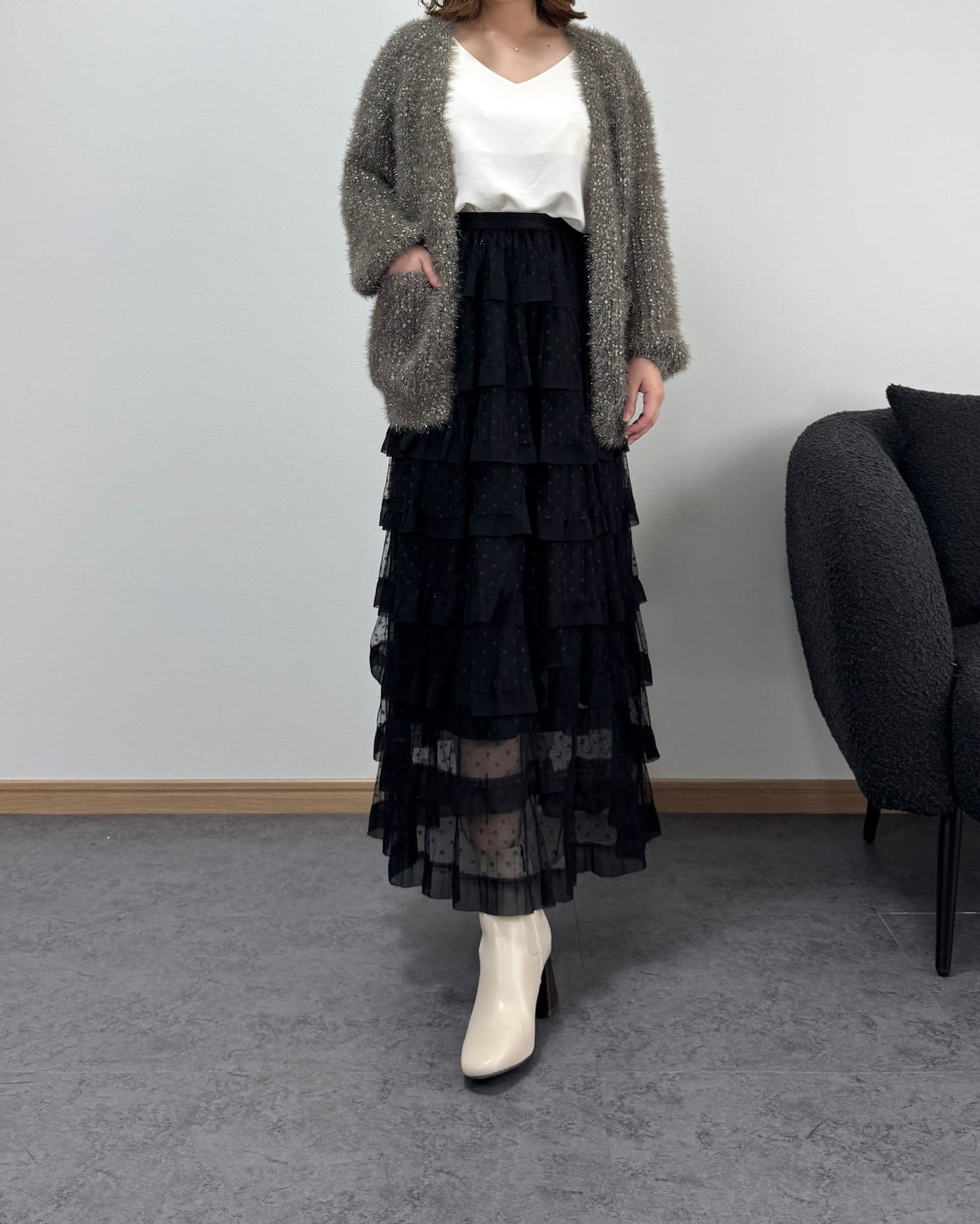 リボン編みラメニットカーディガン