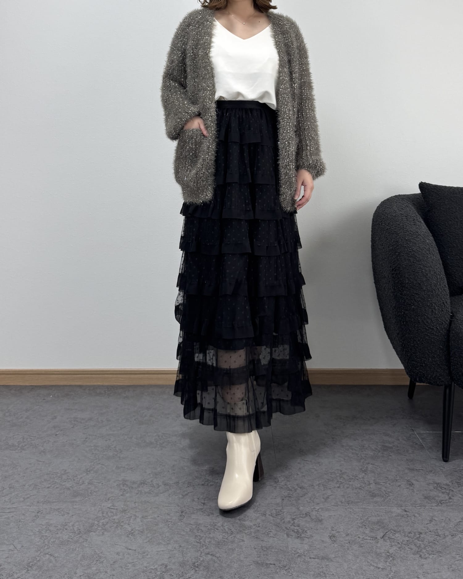 リボン編みラメニットカーディガン