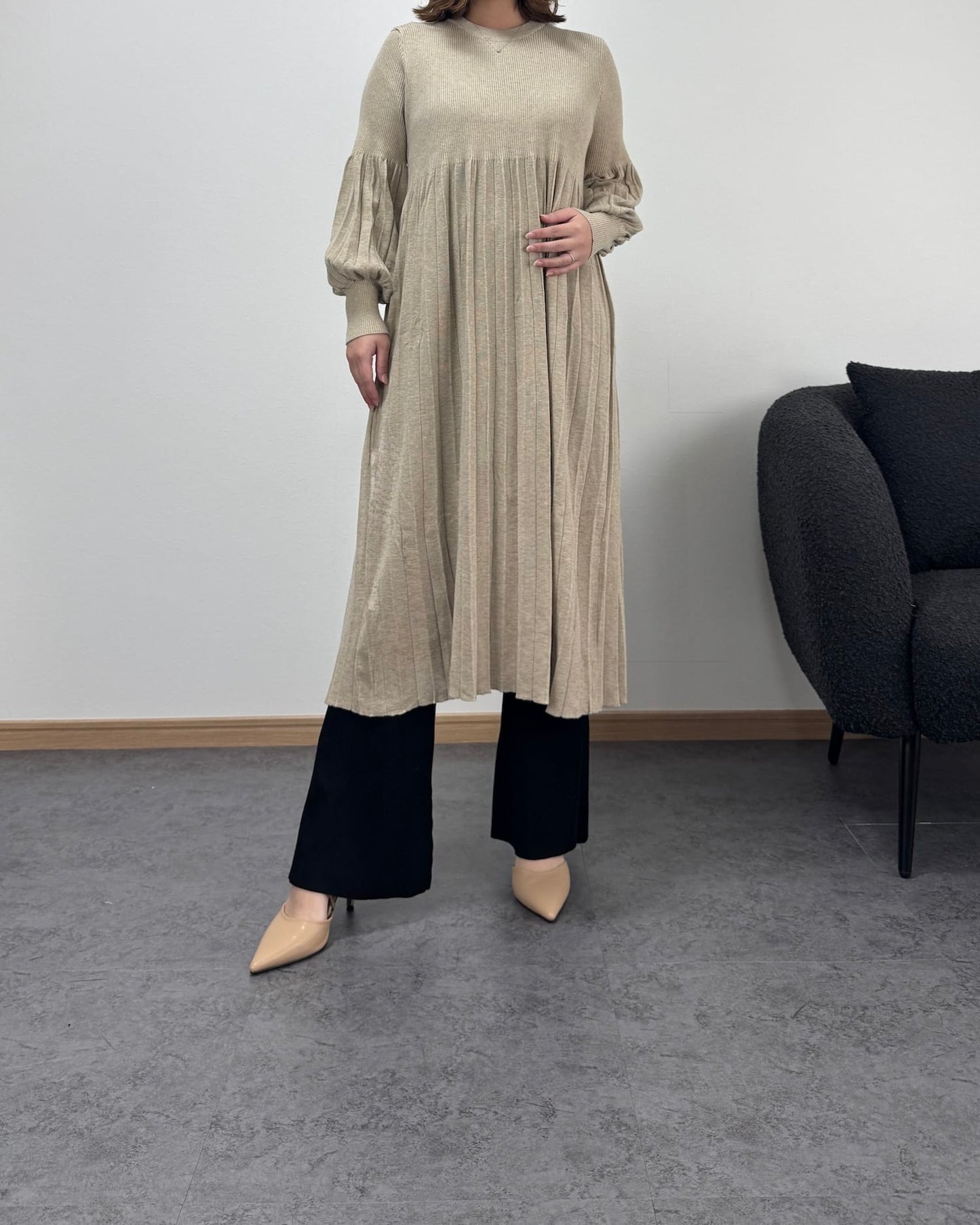 プリーツハイウエスト切り替えワンピース