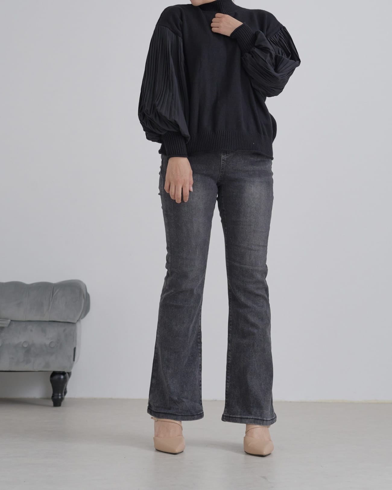 袖プリーツタートルニット