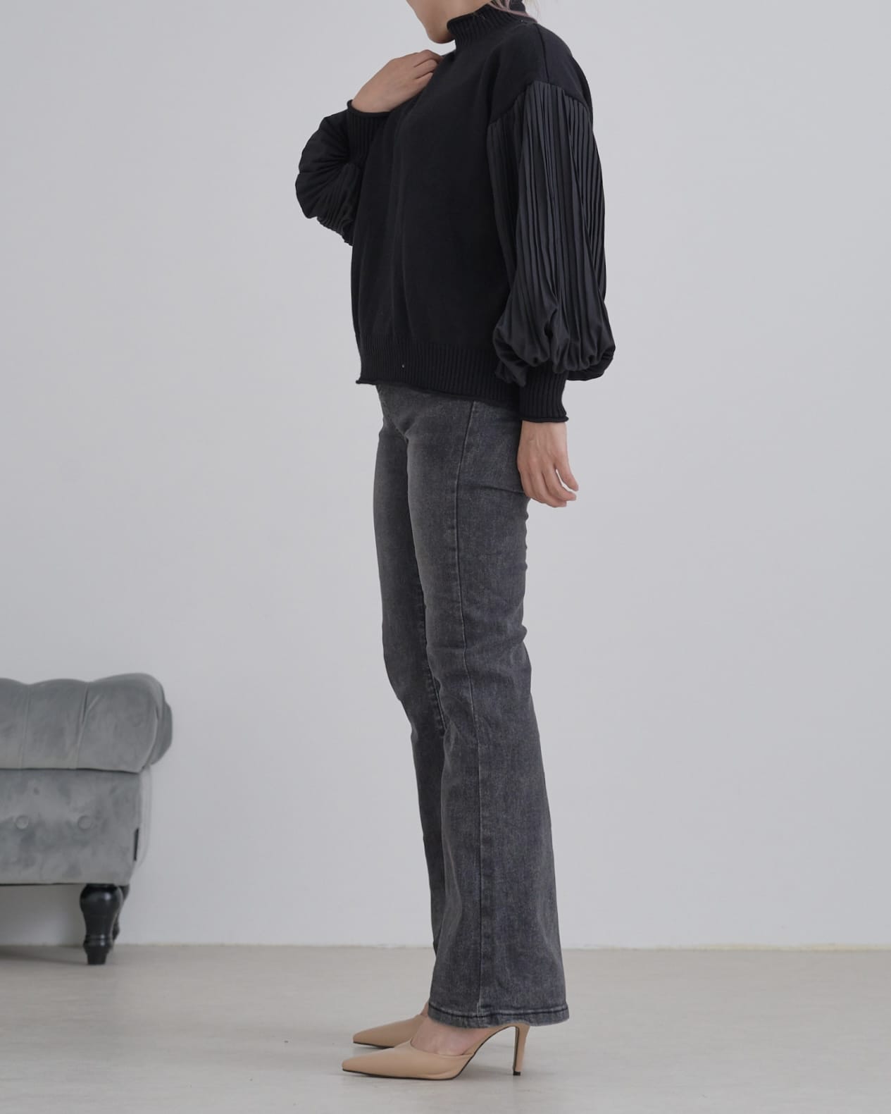 袖プリーツタートルニット