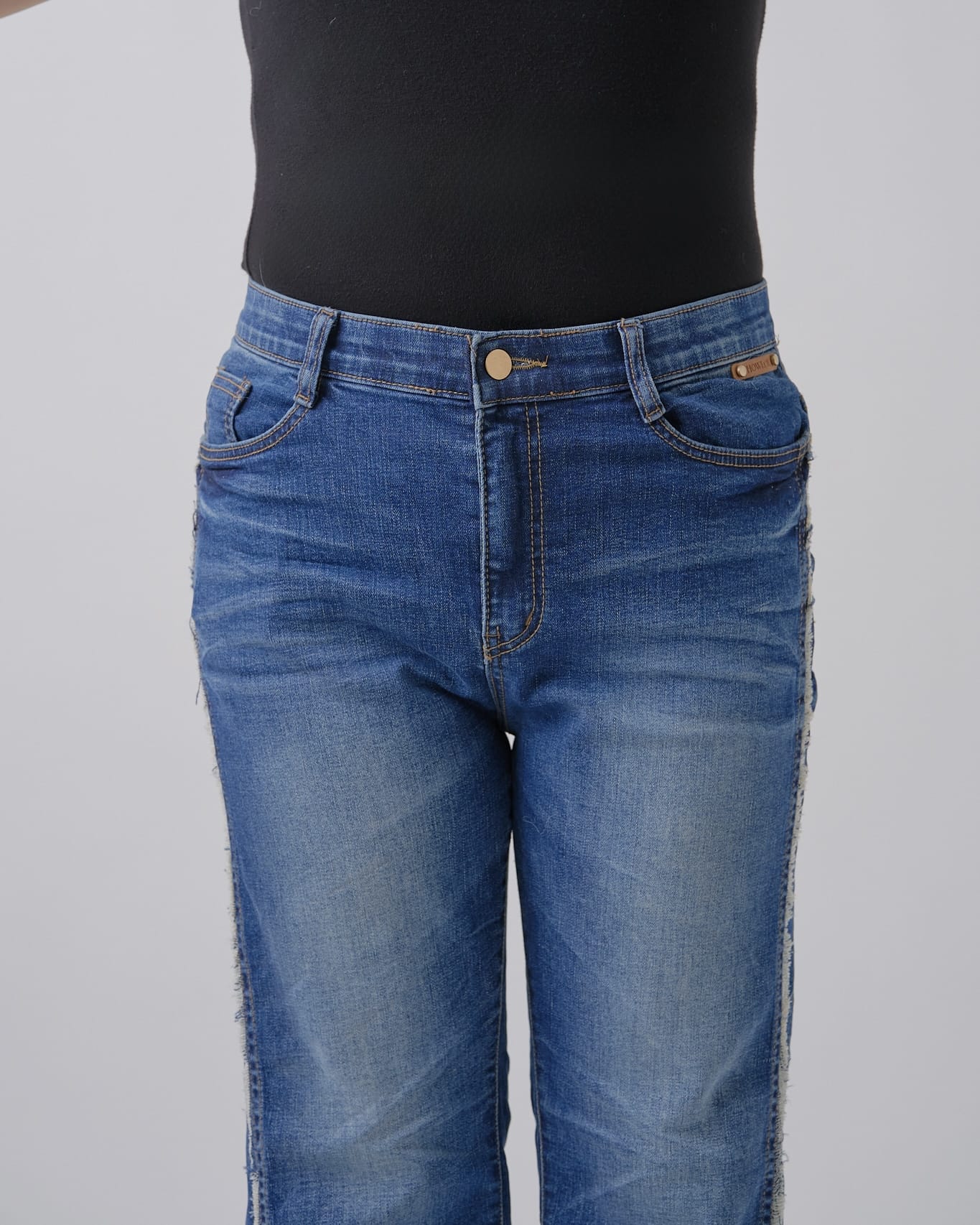 フリンジライン切り替えワイドフレアデニム