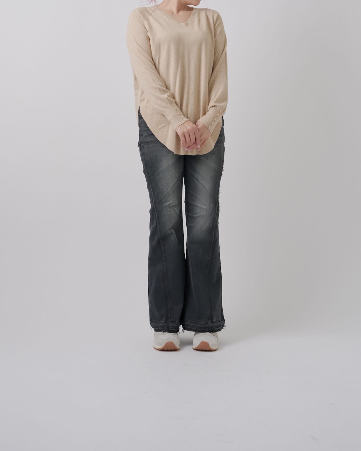 フリンジライン切り替えワイドフレアデニム