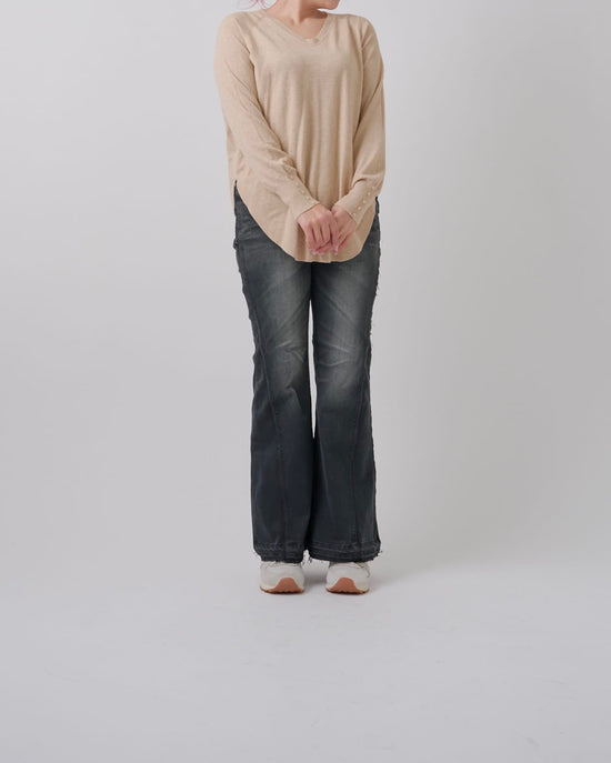 フリンジライン切り替えワイドフレアデニム