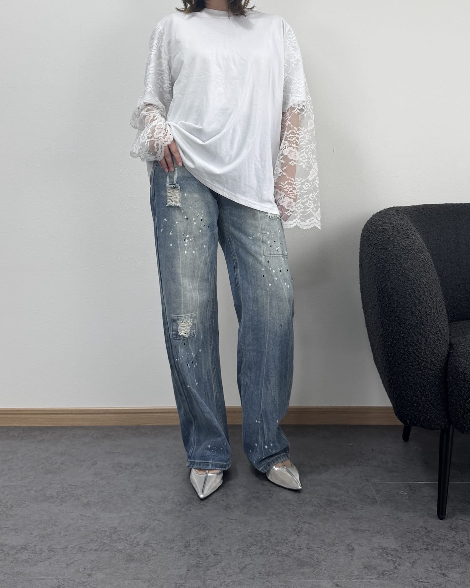 袖レースドッキングロングTシャツ