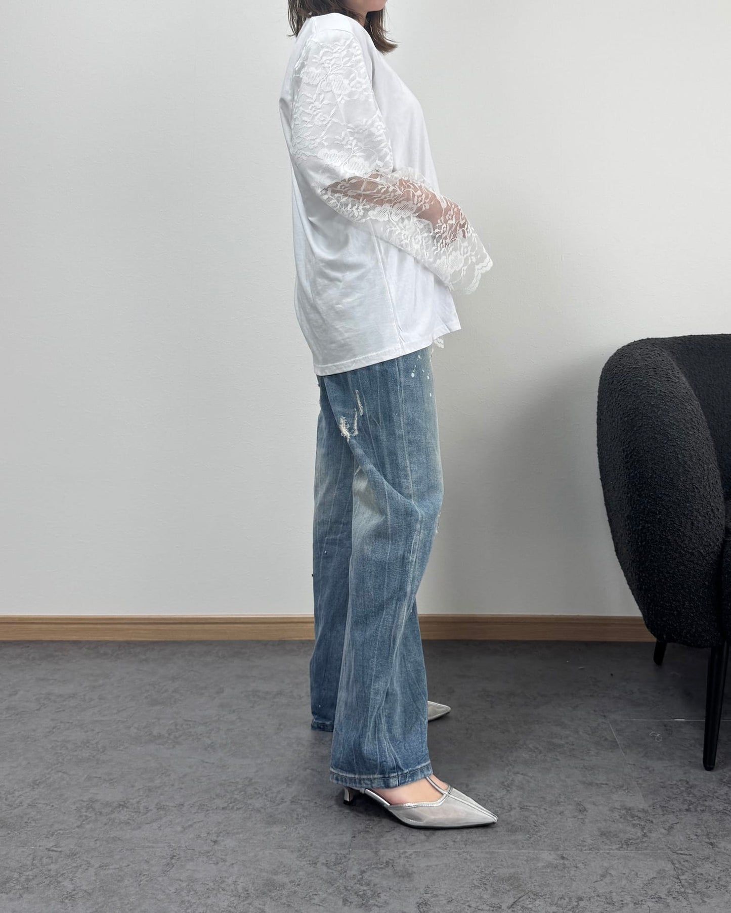 袖レースドッキングロングTシャツ