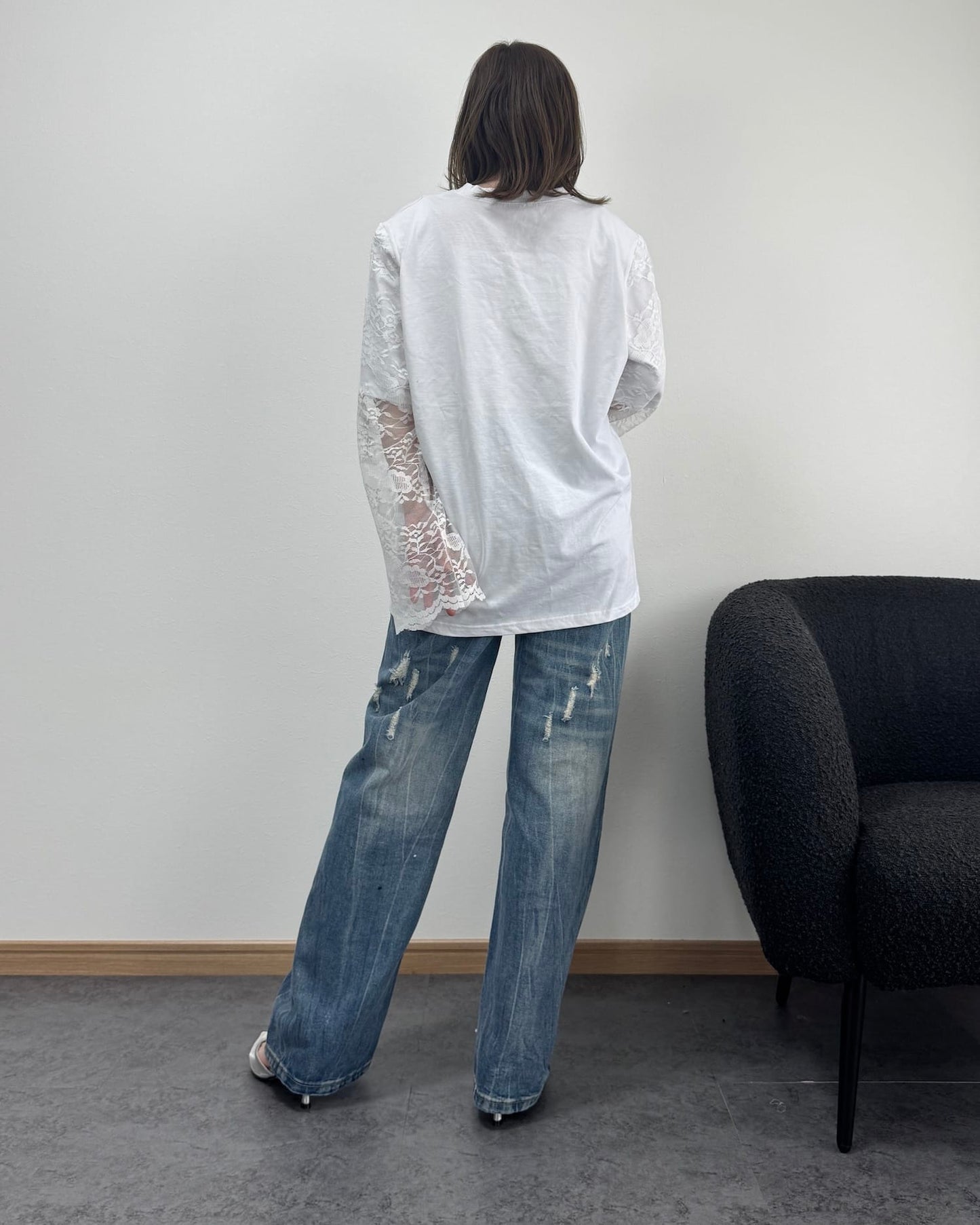 袖レースドッキングロングTシャツ