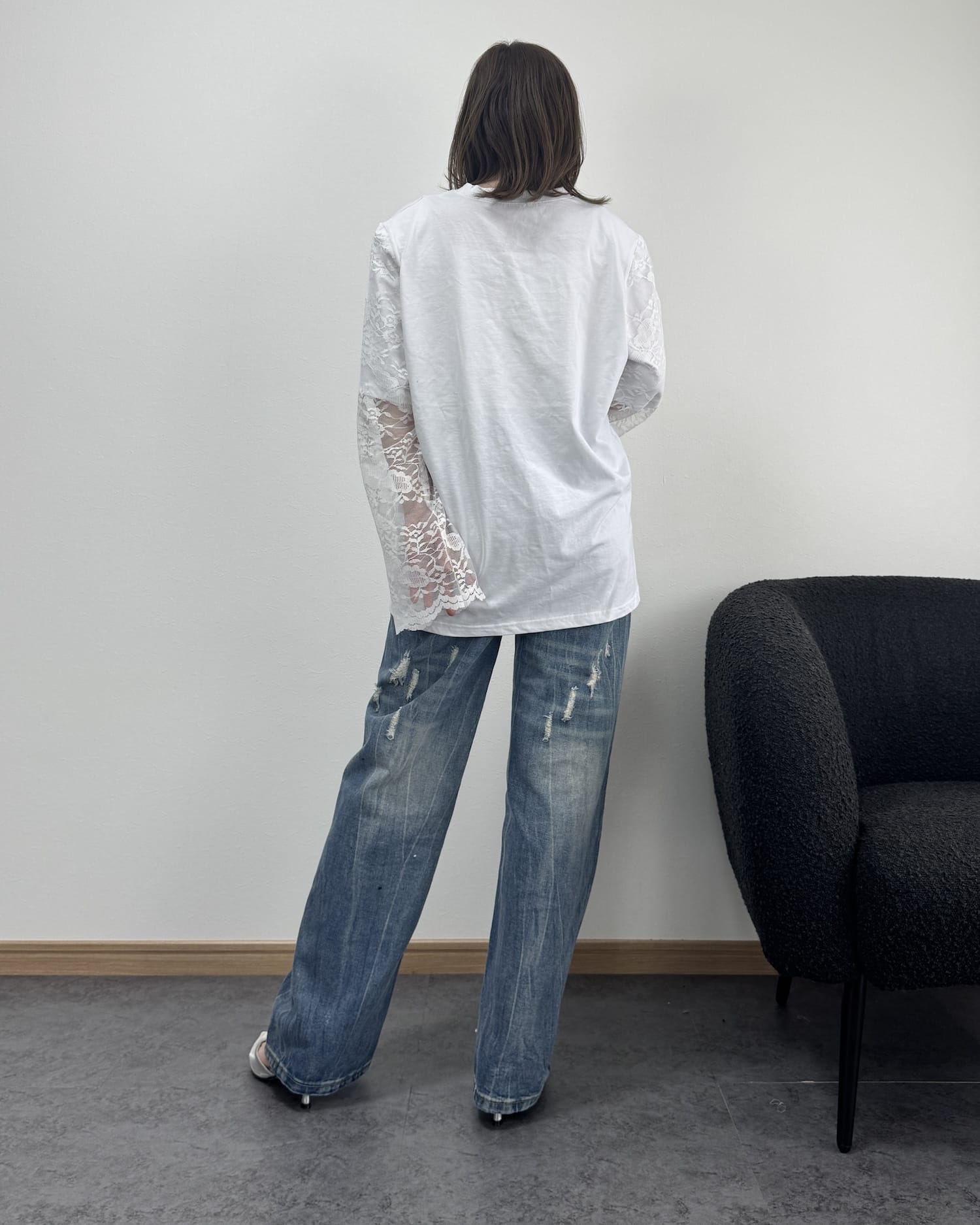 袖レースドッキングロングTシャツ