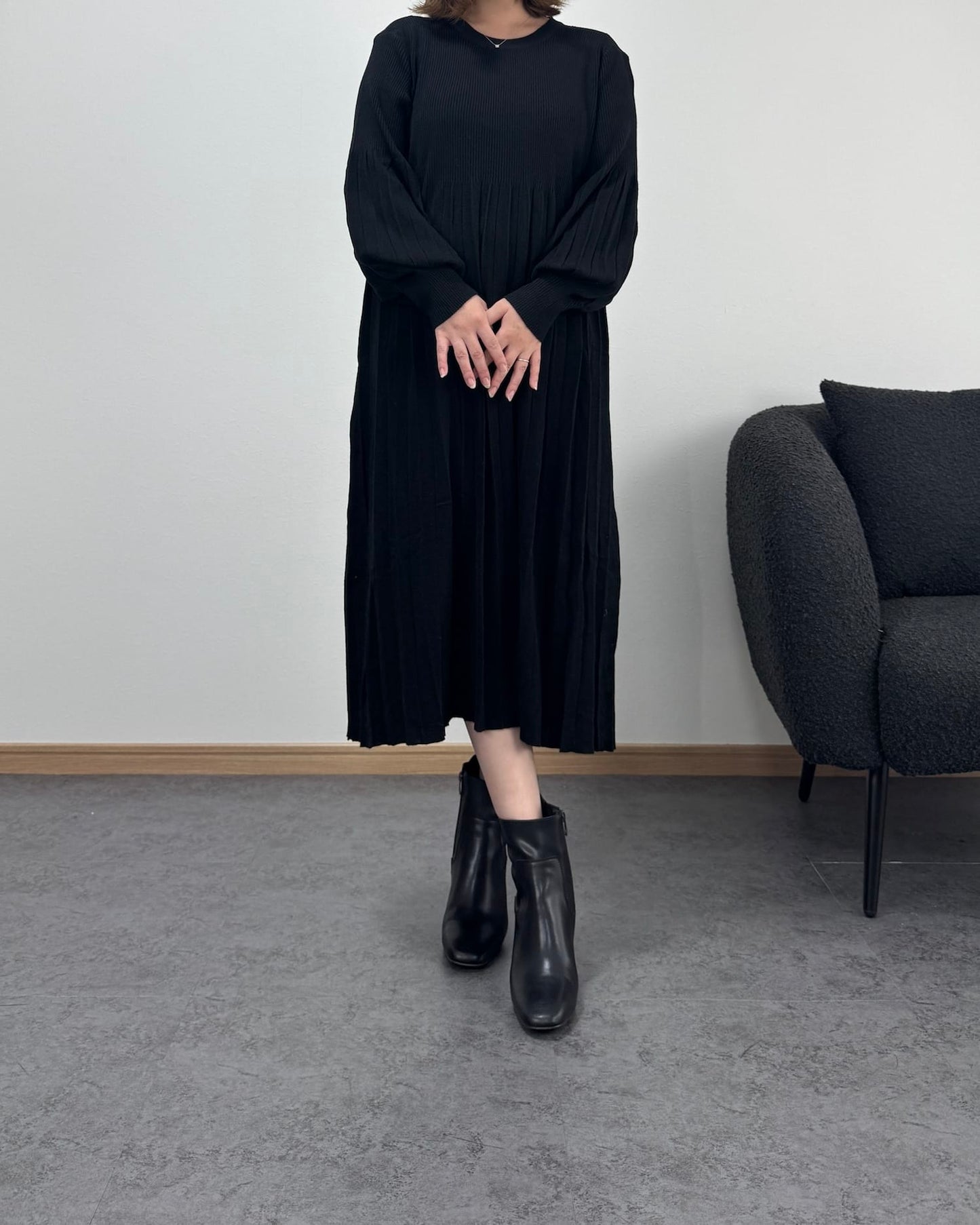 プリーツハイウエスト切り替えワンピース