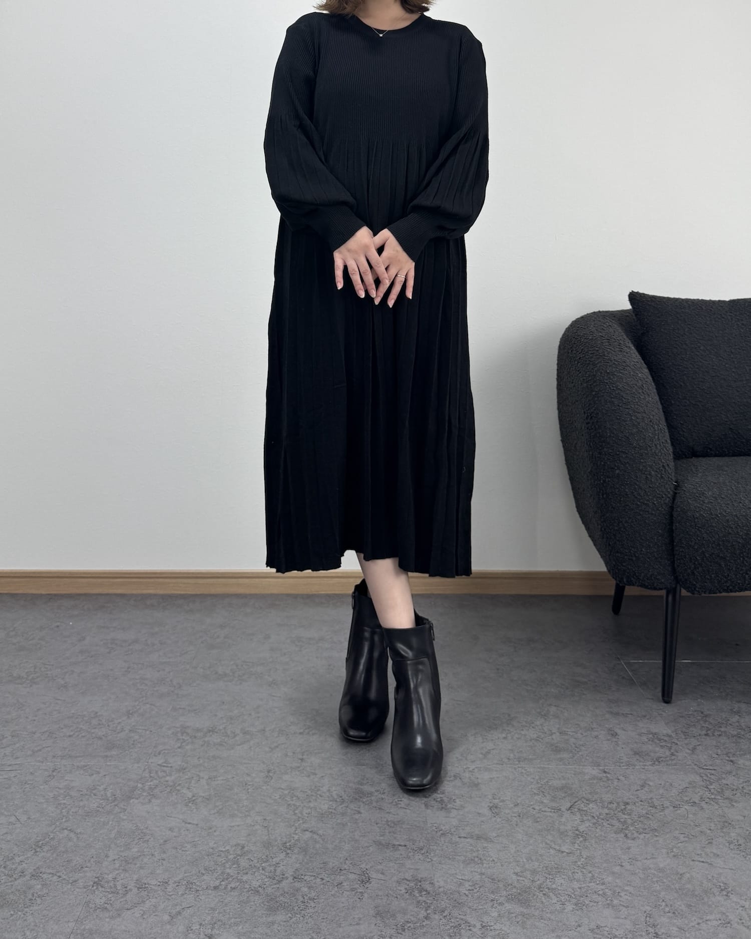 プリーツハイウエスト切り替えワンピース