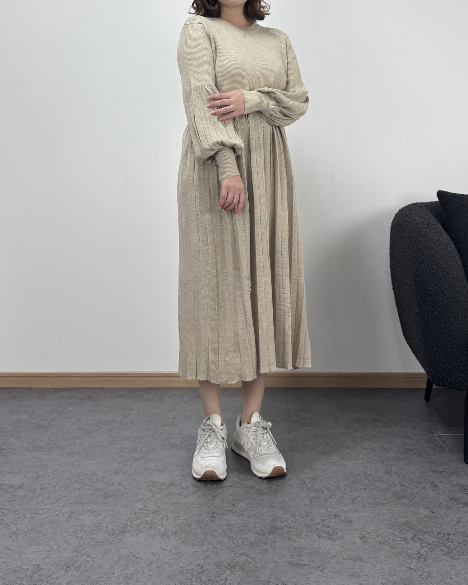 プリーツハイウエスト切り替えワンピース