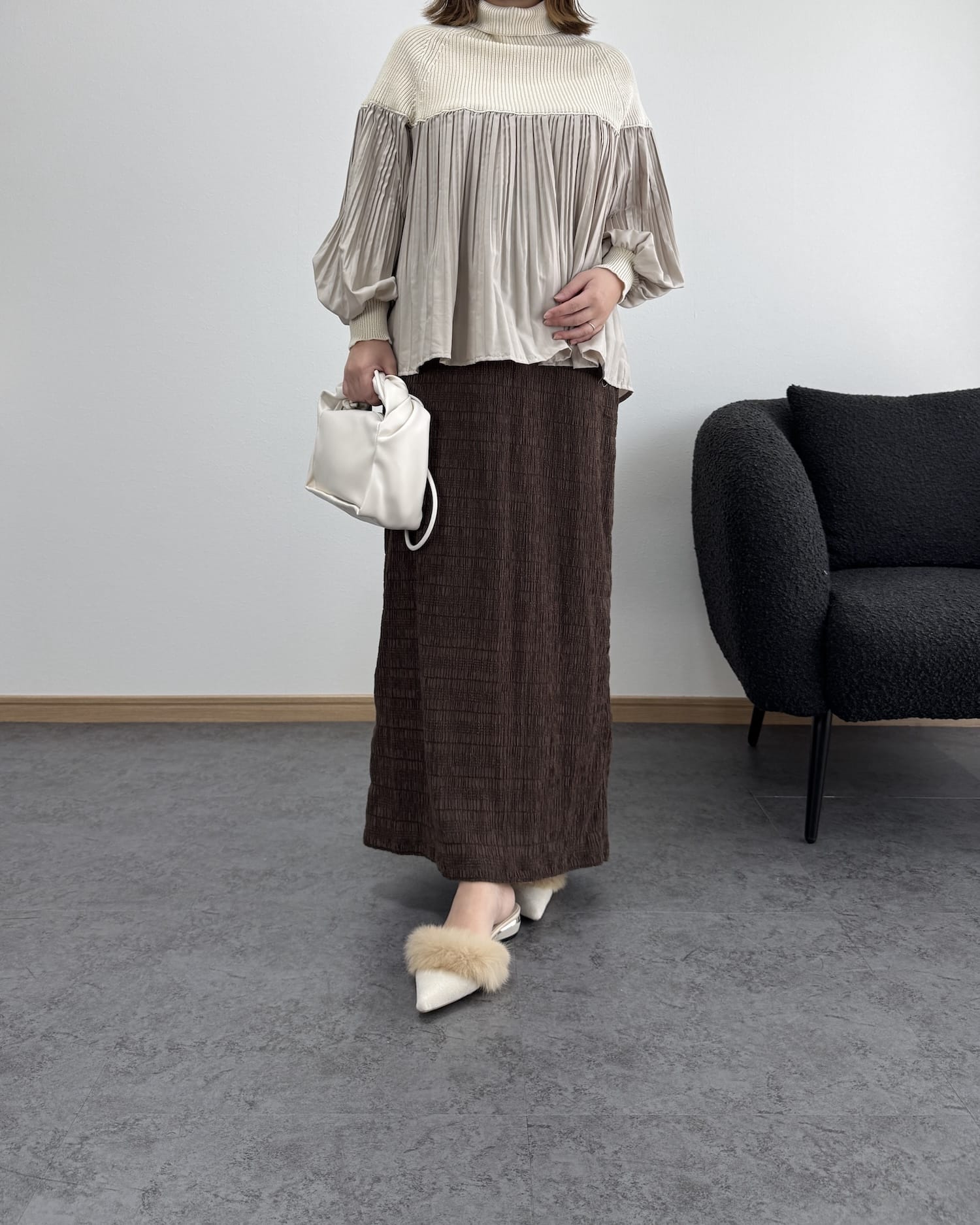 プリーツ切り替えタートルトップス【O.W-beside-】