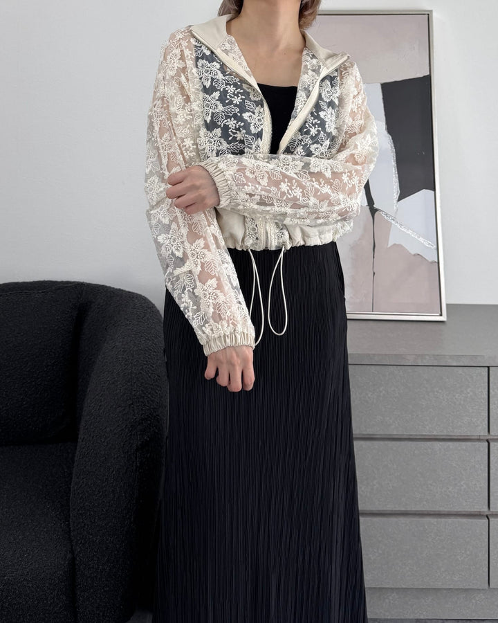 レースフラワー刺繍クロップドシアーブルゾン