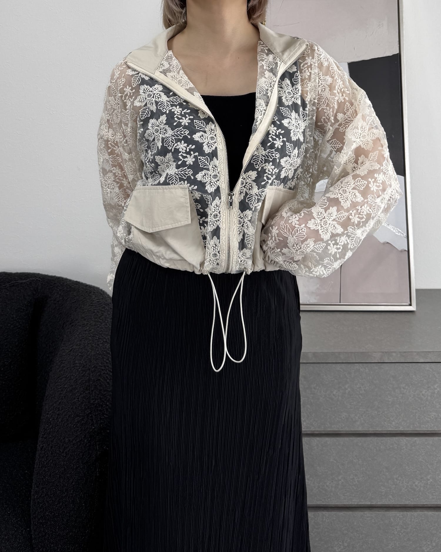 レースフラワー刺繍クロップドシアーブルゾン