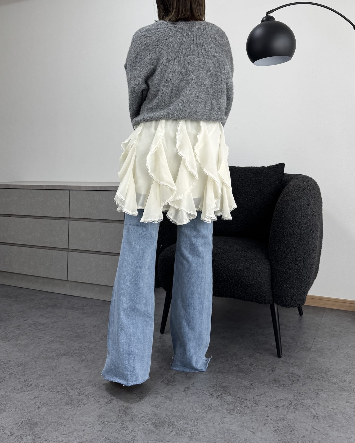 【美シルエット】デザインカットオフストレッチフレアデニム