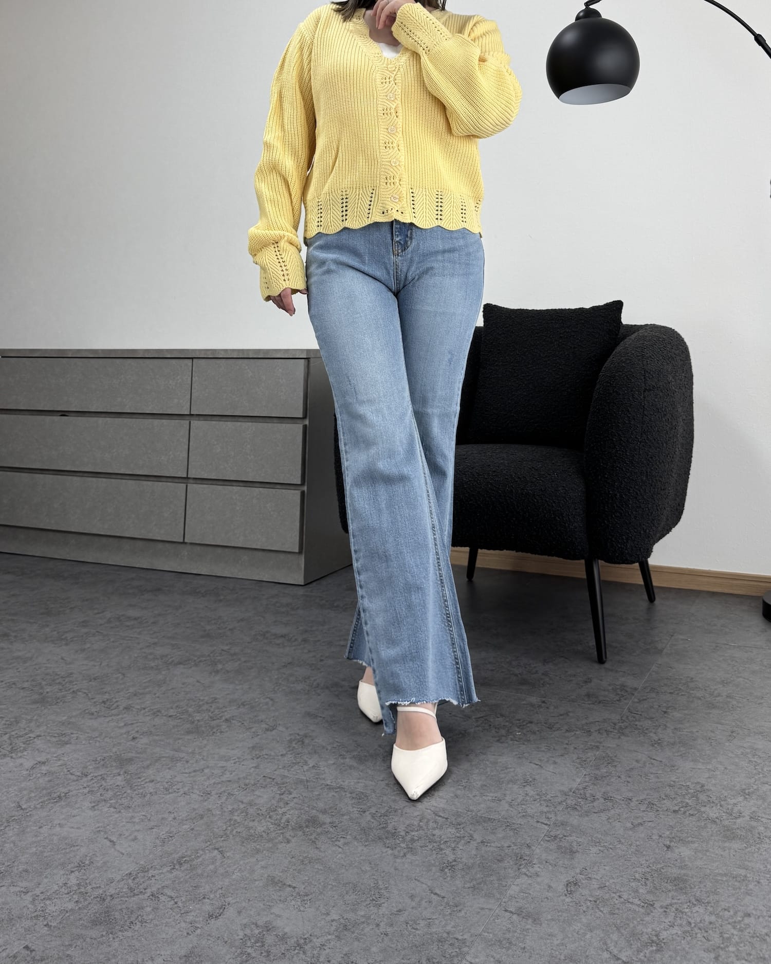 【美シルエット】デザインカットオフストレッチフレアデニム