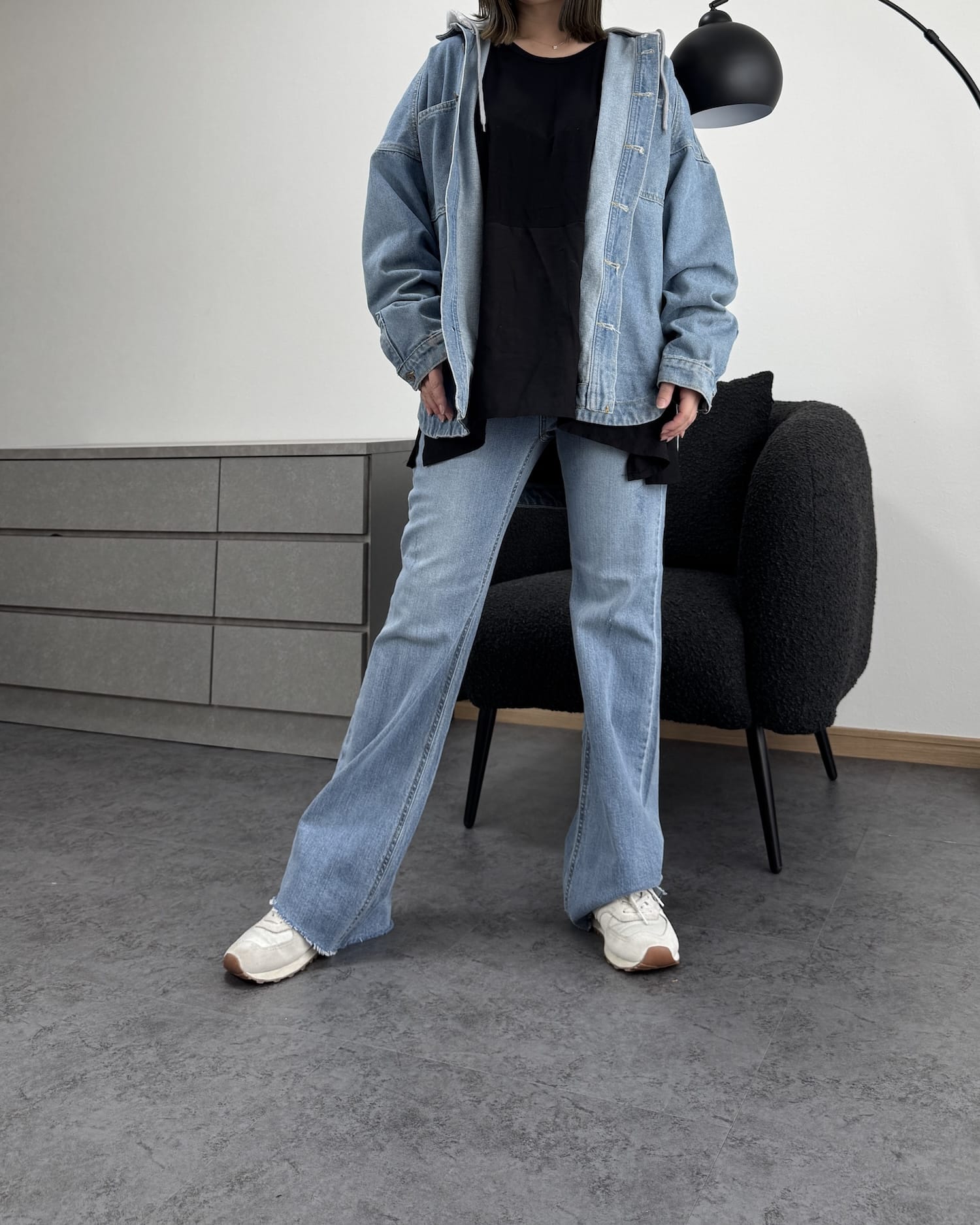 【美シルエット】デザインカットオフストレッチフレアデニム