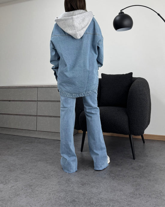 【美シルエット】デザインカットオフストレッチフレアデニム