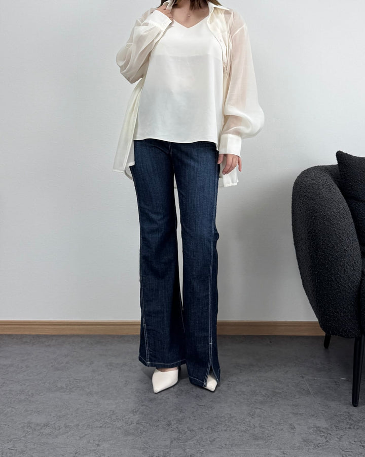 デニム風センタースリットフレアパンツ