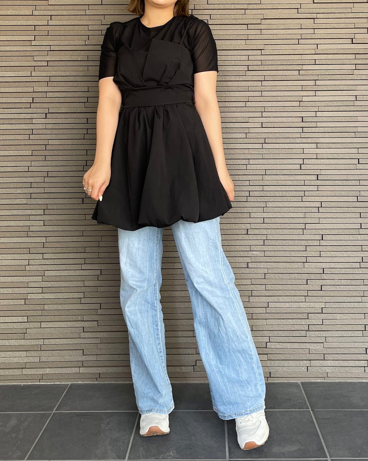 異素材切り替えフリルTシャツ