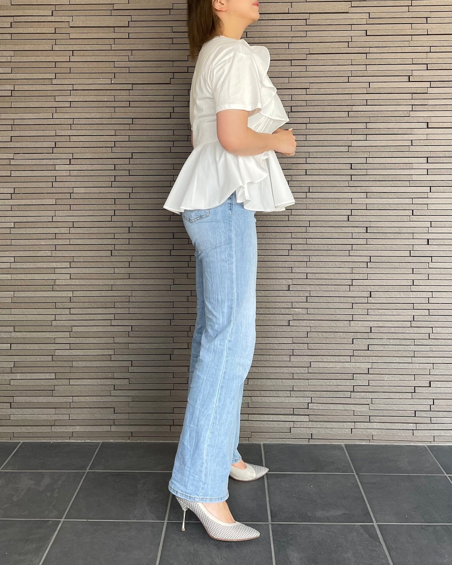 異素材切り替えフリルTシャツ