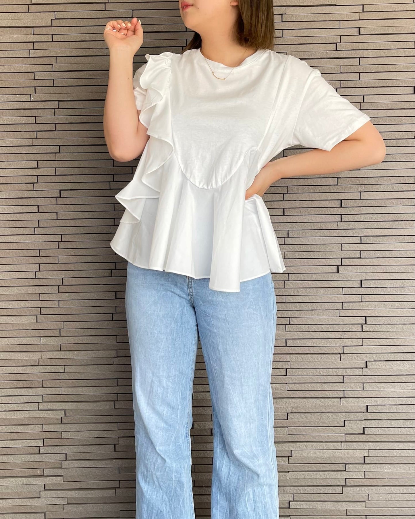 異素材切り替えフリルTシャツ