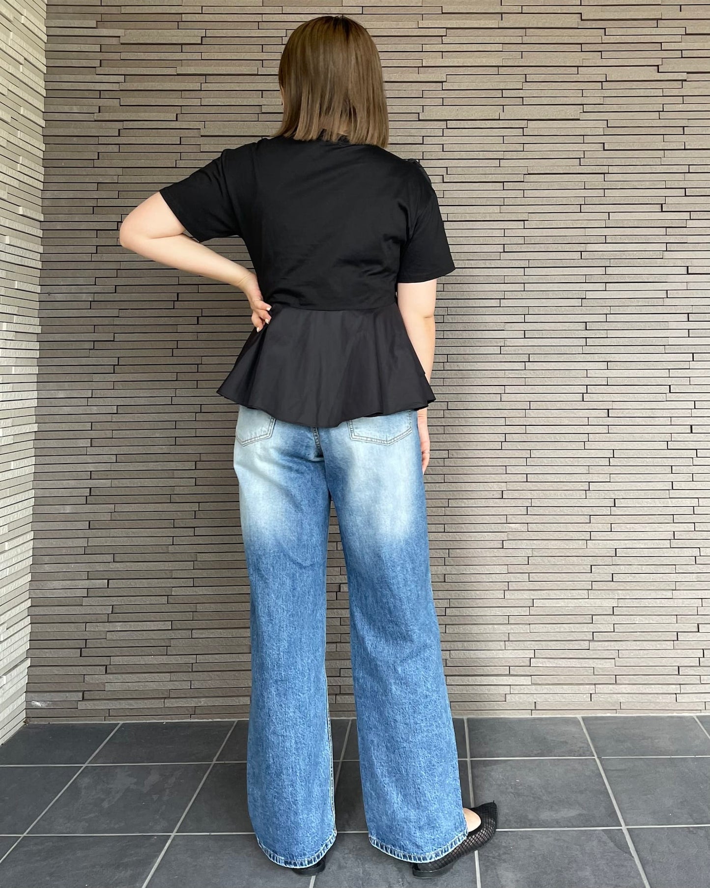 異素材切り替えフリルTシャツ