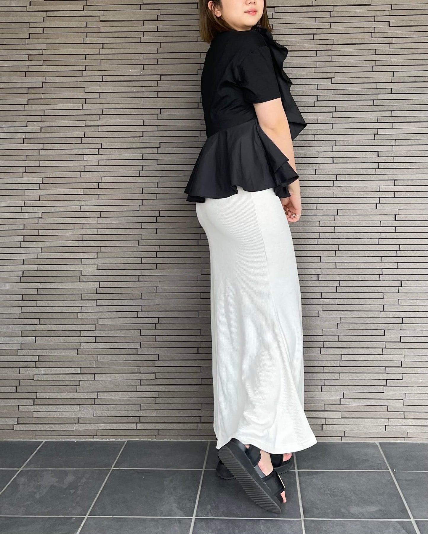 異素材切り替えフリルTシャツ