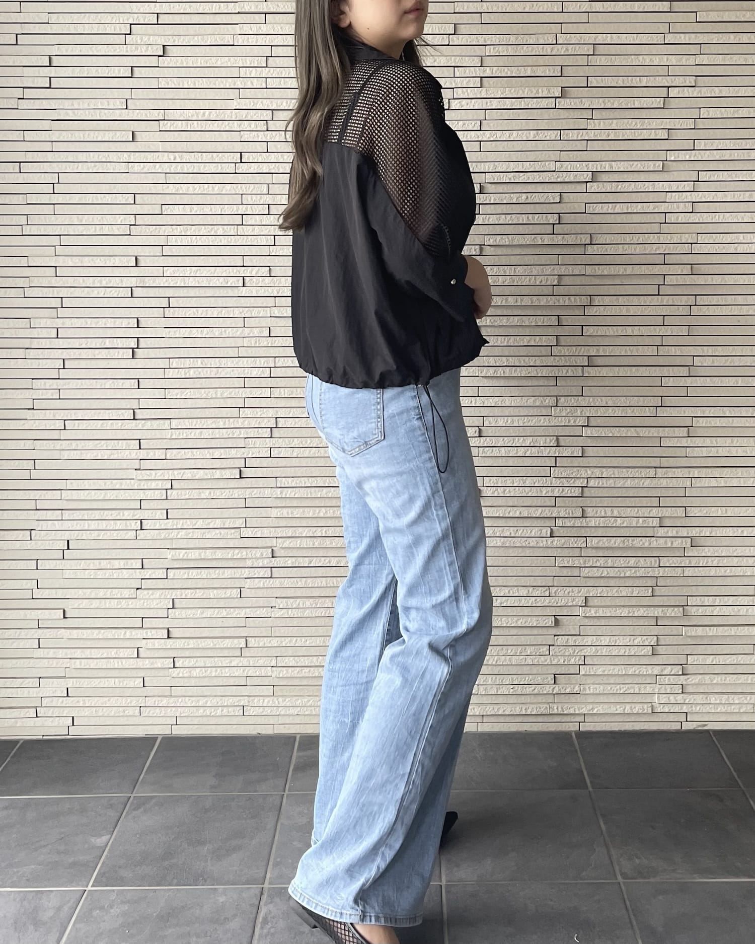 ドロストバックショルダーメッシュシャツ